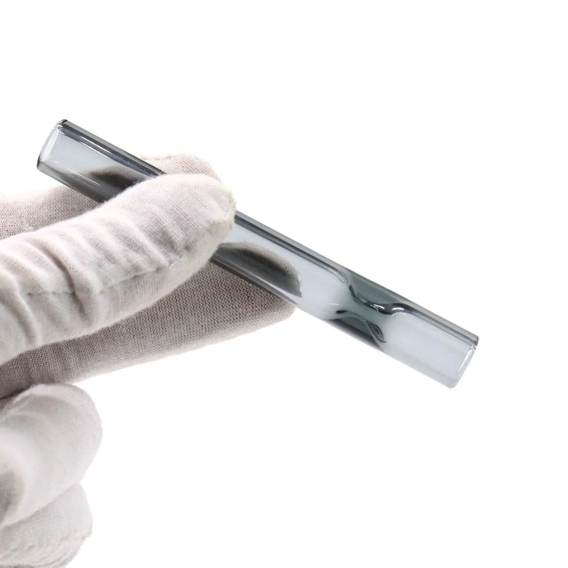 Straight transparent glass telescopic smoke pipe nozzle on a plain background.