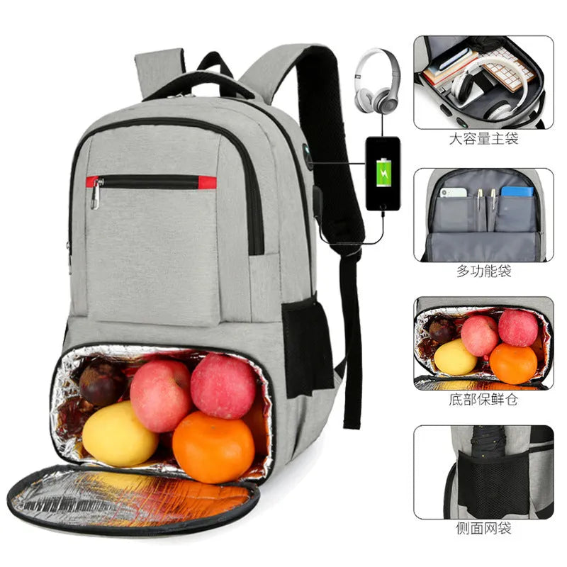 Light grey Oxford cloth insulated picnic backpack with curved shoulder straps and front pockets