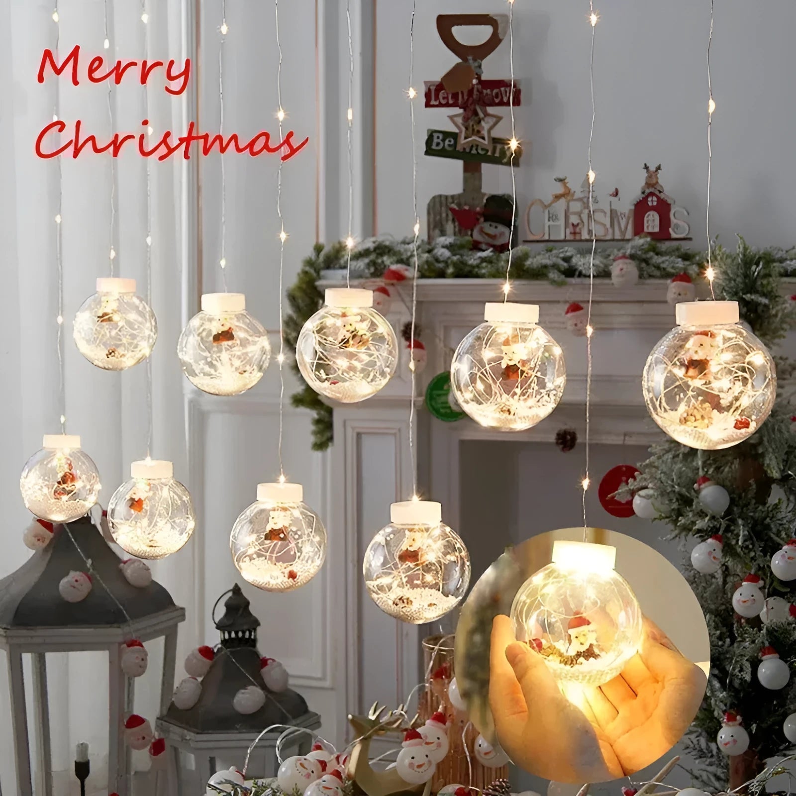 LED Christmas curtain lamp string with 10 fairy snowman wishing ball PVC decorations