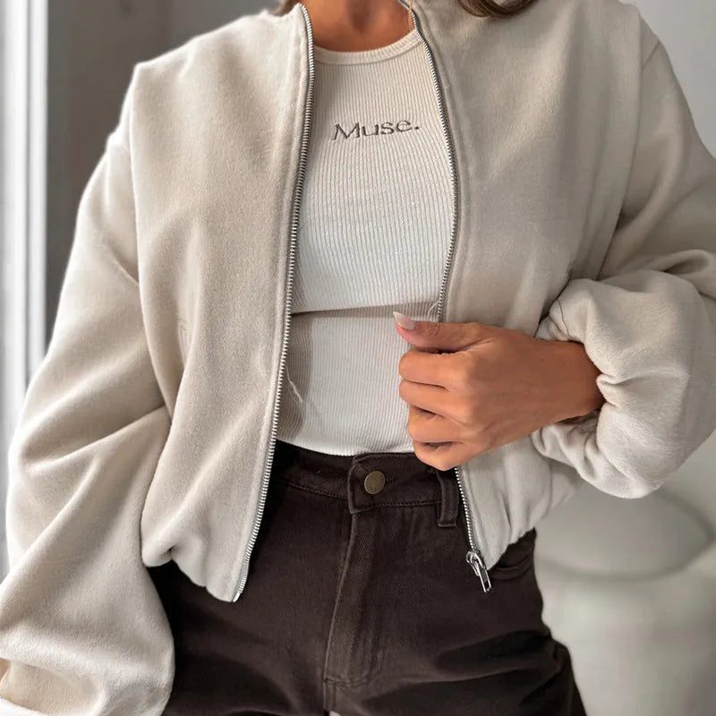 Women's brown off-shoulder short coat with lantern sleeves and round neck