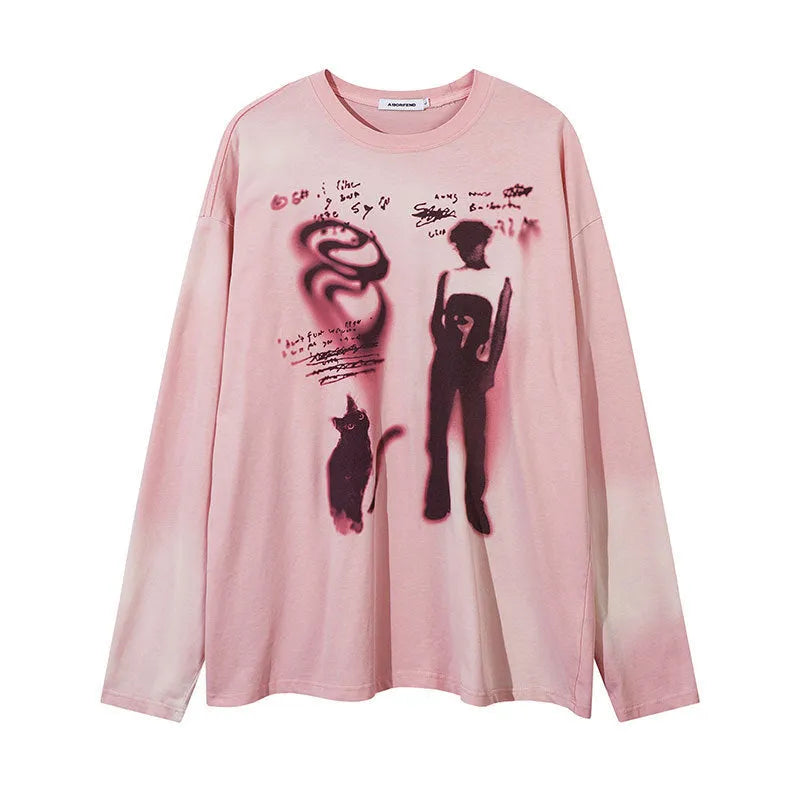 Women's loose fit cotton top with letter pattern and drop shoulder sleeves in dark grey