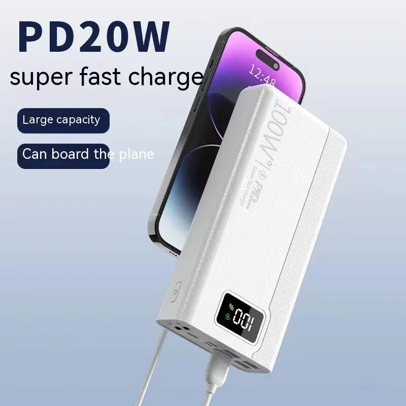 Black or white large capacity power bank portable charger with fast charging support.
