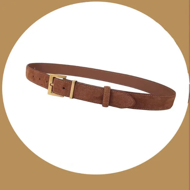 Ladies' leather belt with quadrilateral pin buckle in black, caramel, light brown, or dark brown