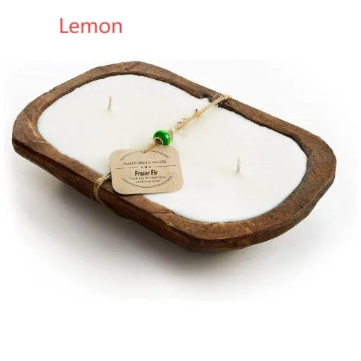Lavender soy wax candle in wooden basin container with three wicks