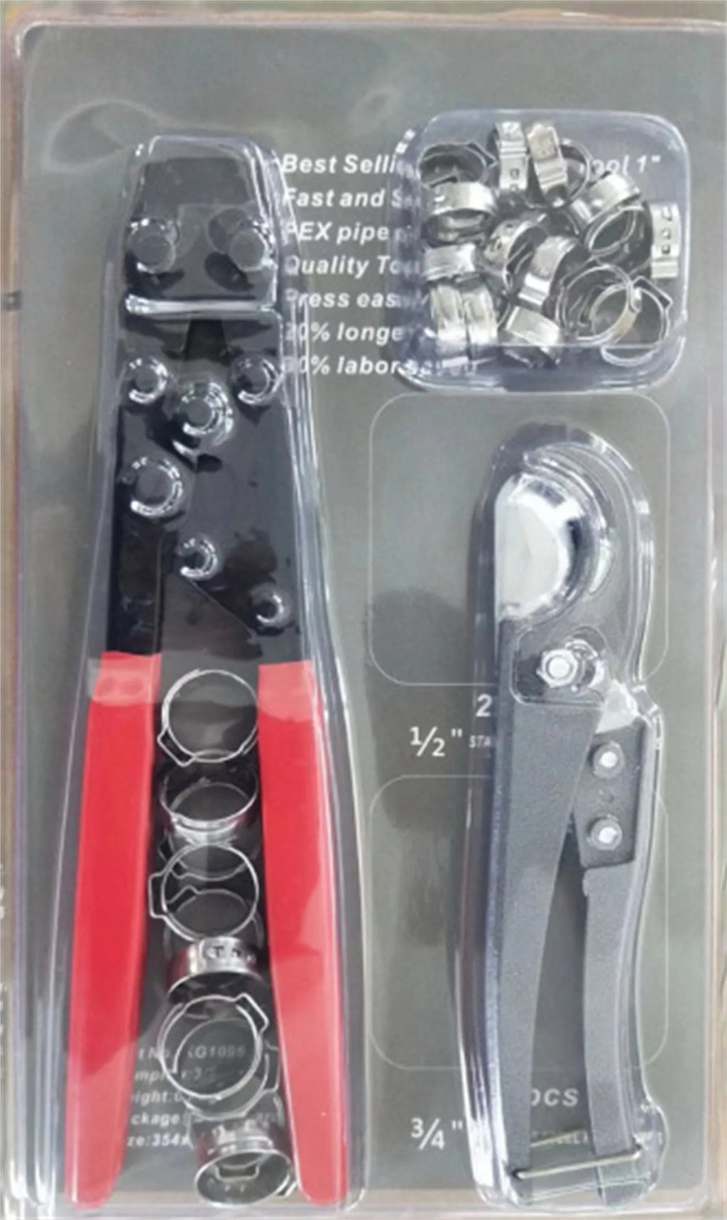 Red cloth case containing a single metal PEX clamp tool with a carbon steel cutting edge.
