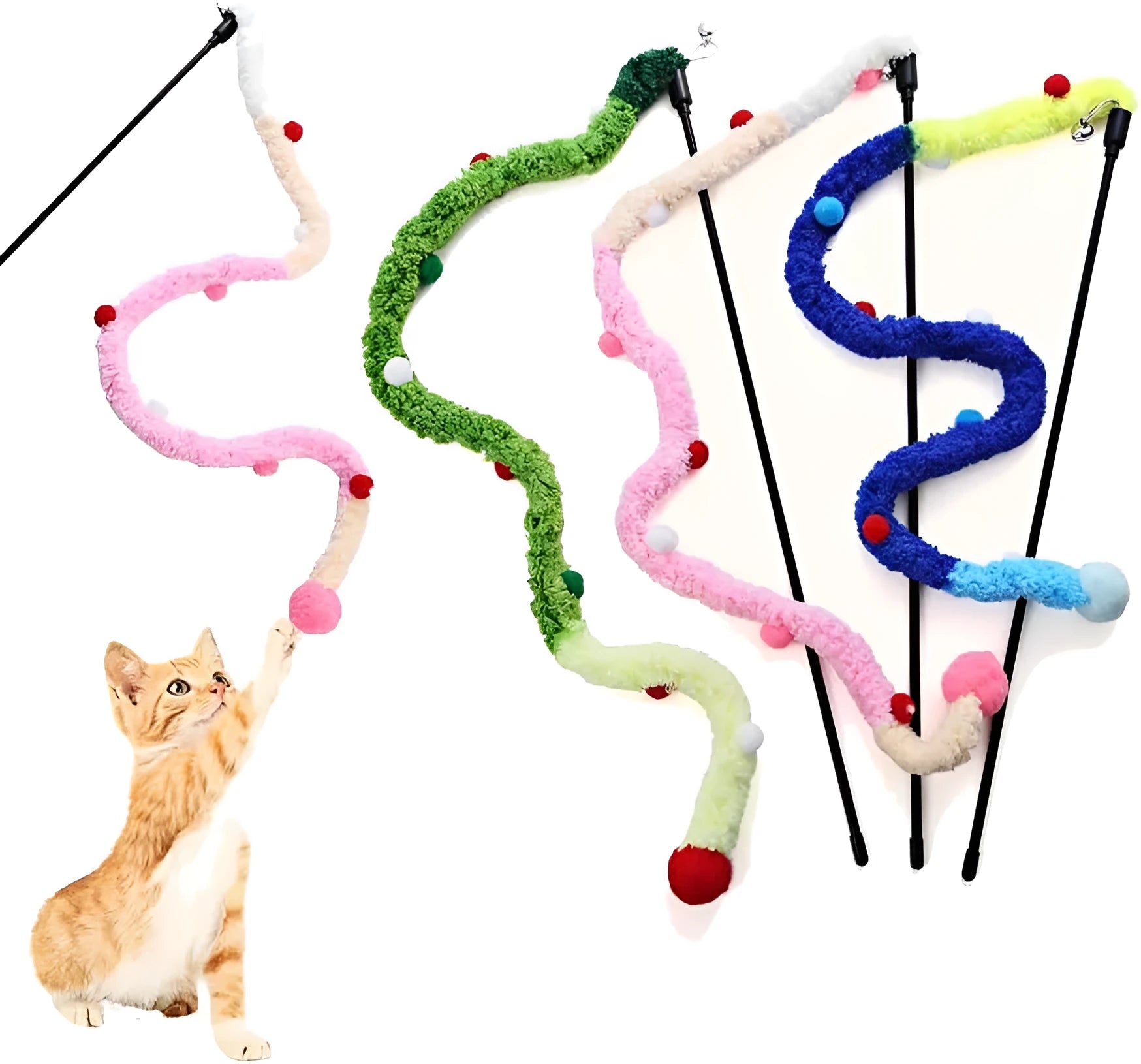 Blue cat wand toy with plush strip and bell, showing 41cm pole and 60cm strip dimensions