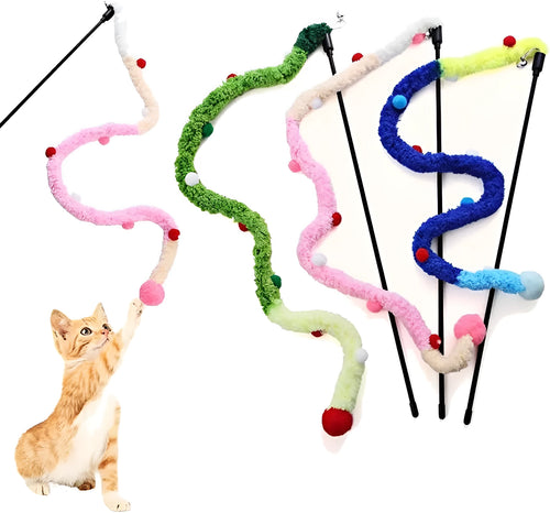 Blue cat wand toy with plush strip and bell, showing 41cm pole and 60cm strip dimensions