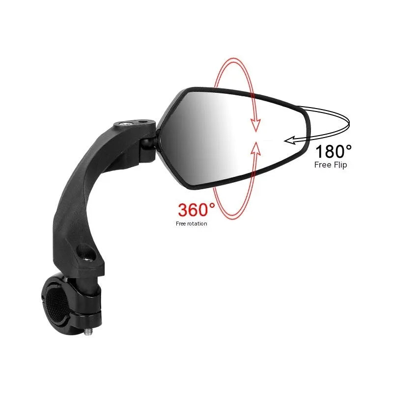 Black mountain bike rearview mirror with rotatable mount and acrylic reflective surface