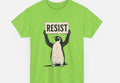 Unisex loose fit cotton short sleeve t-shirt in black, green, and white on a size chart.