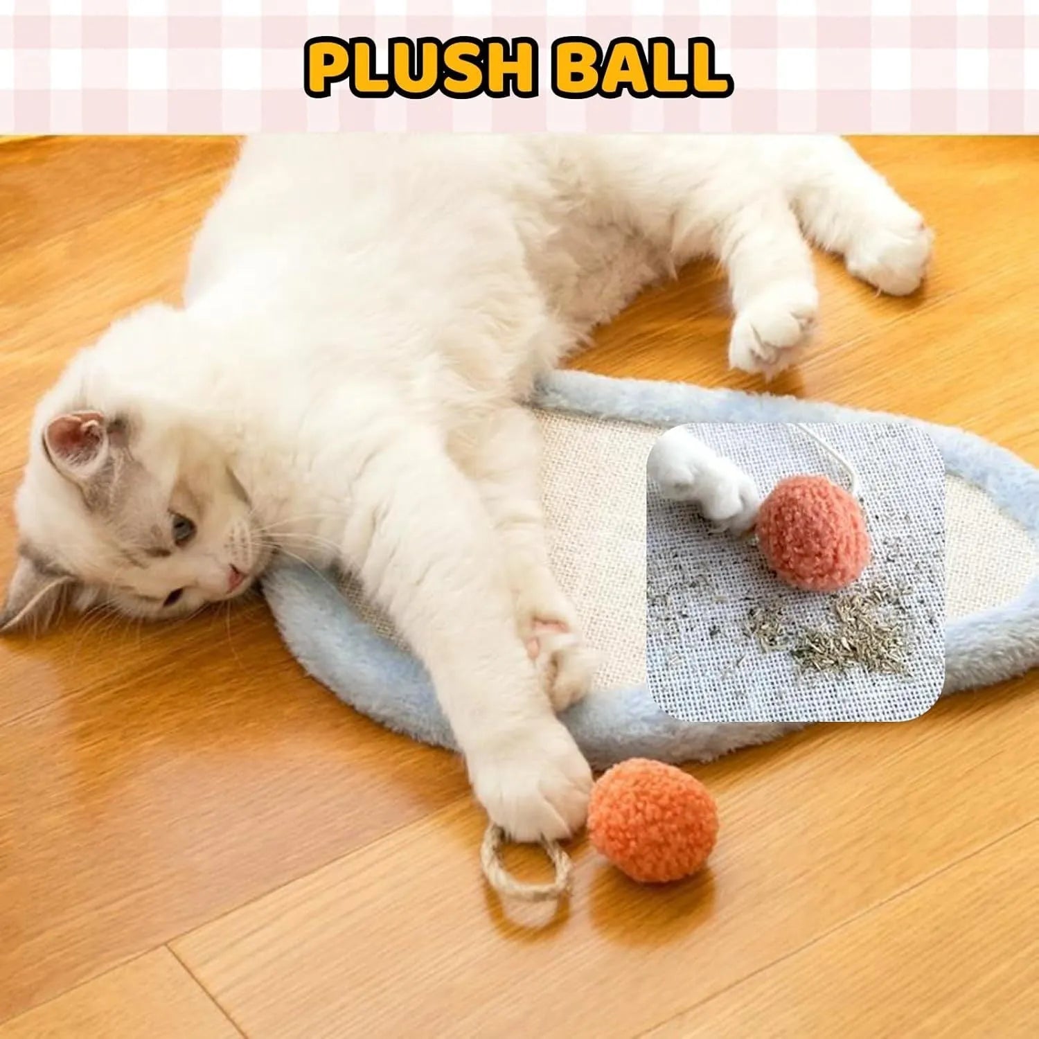 White cat scratching mat with sleeping cat cartoon design made from natural sisal fibres