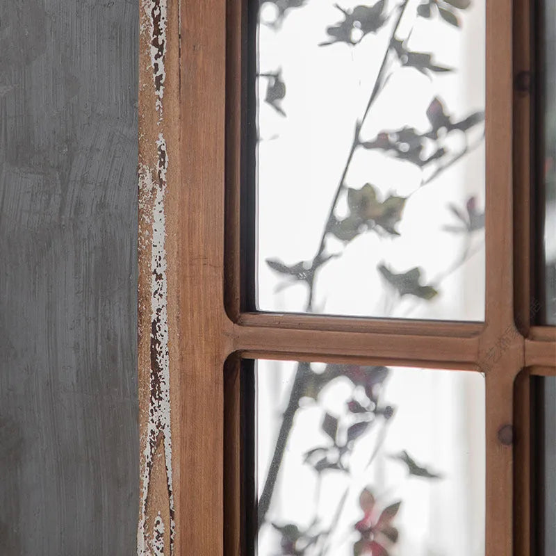 Distressed wooden frame fake window wall mirror with decorative glass panels in log colour finish