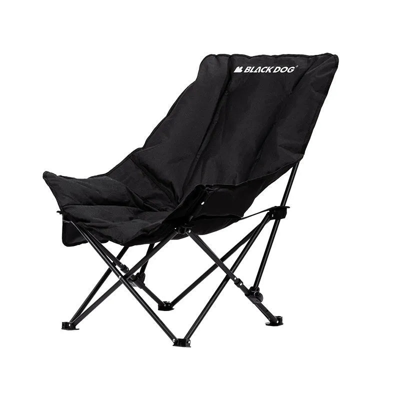 Night black portable camping recliner folding chair in moon chair style, shown both set up and folded.