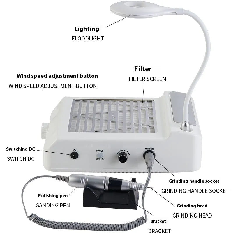 White four-in-one nail polishing machine with vacuum dust extraction system