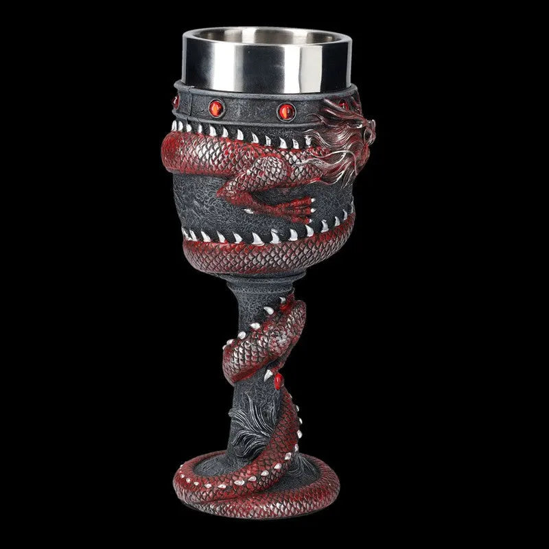 Red wine glass with gold Chinese dragon design on stainless steel stem.