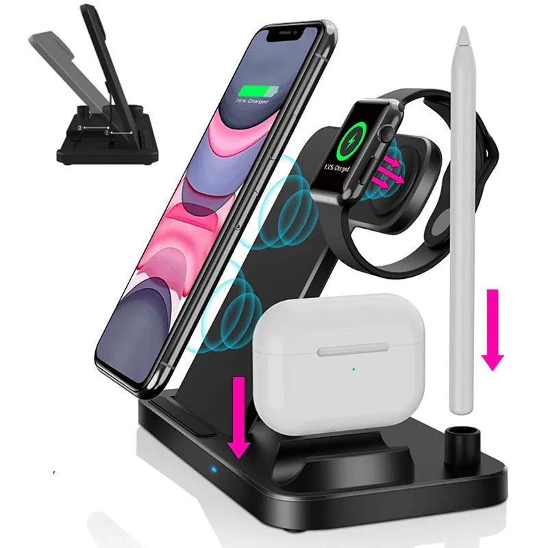 Folding 4-in-1 wireless charger in space grey colour, shown upright as a phone stand with an iPhone charging.