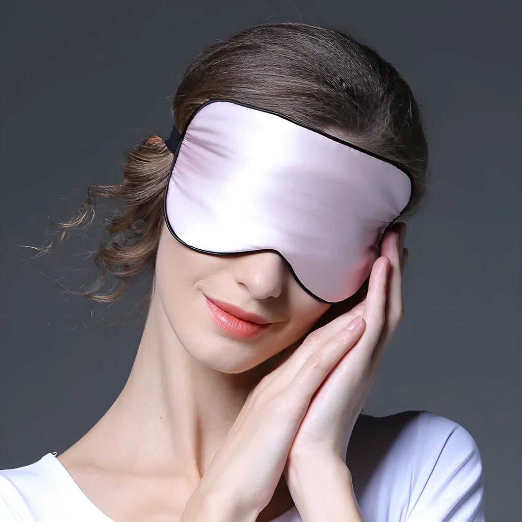 Double-sided mulberry silk sleep eye mask in a choice of 21 colours, showing embroidery detail.