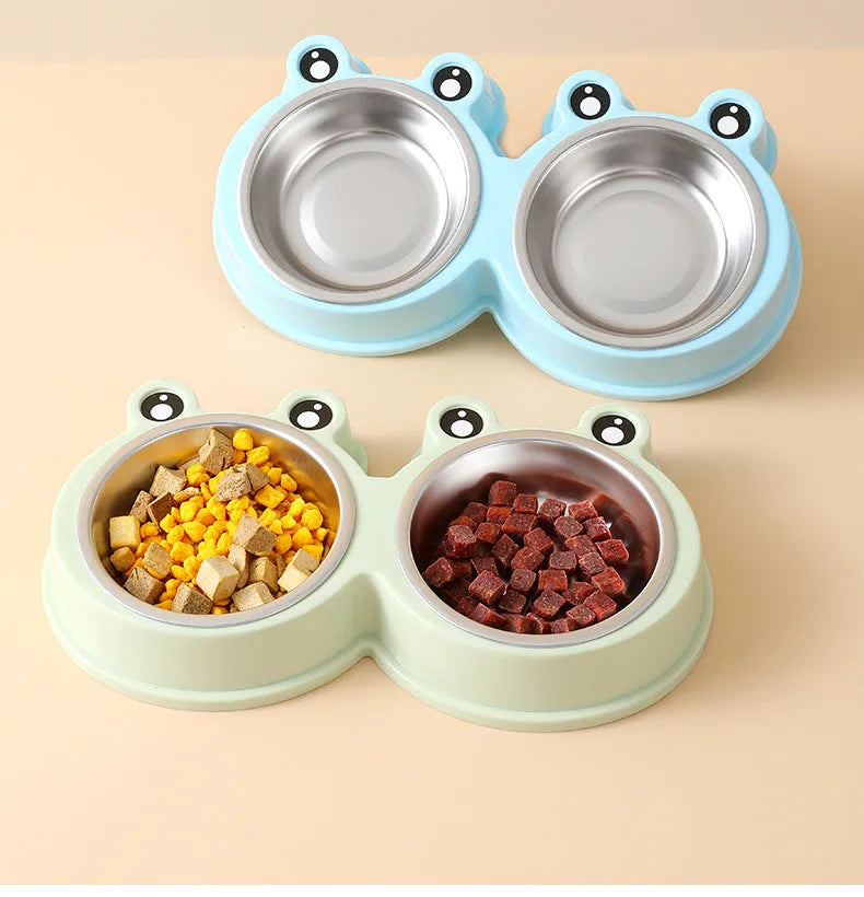Stainless steel frog-shaped pet bowl set with separate food and water compartments