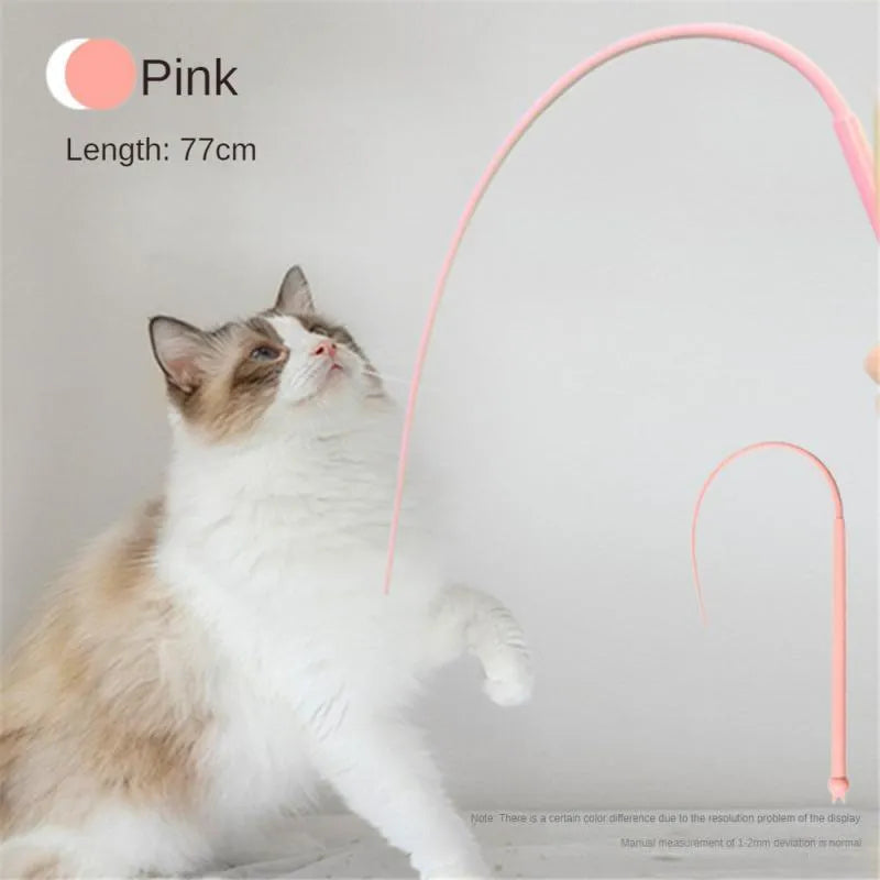 Blue silicone mouse tail cat teaser stick toy with cat head design, 80cm length