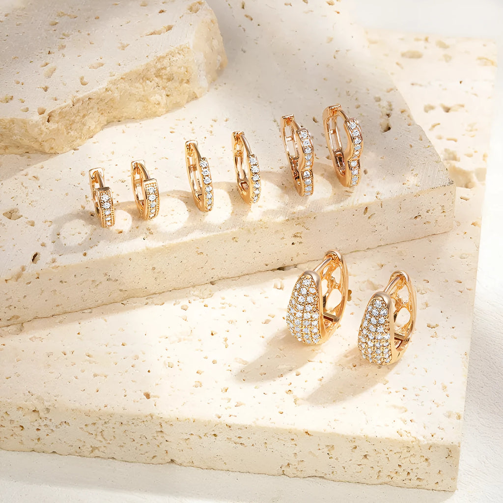 Brass gold plated heart-shaped zircon ear clip earrings with gang drill elements