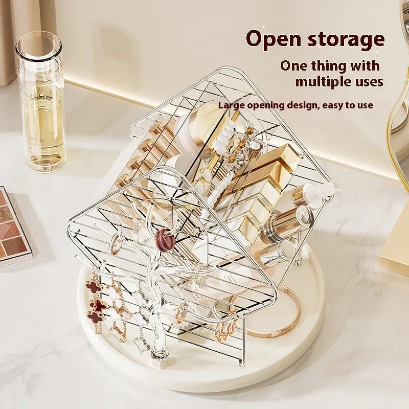 360 degree rotating plastic cosmetics storage box in Amber Gold and Clear colours for vanity organisation