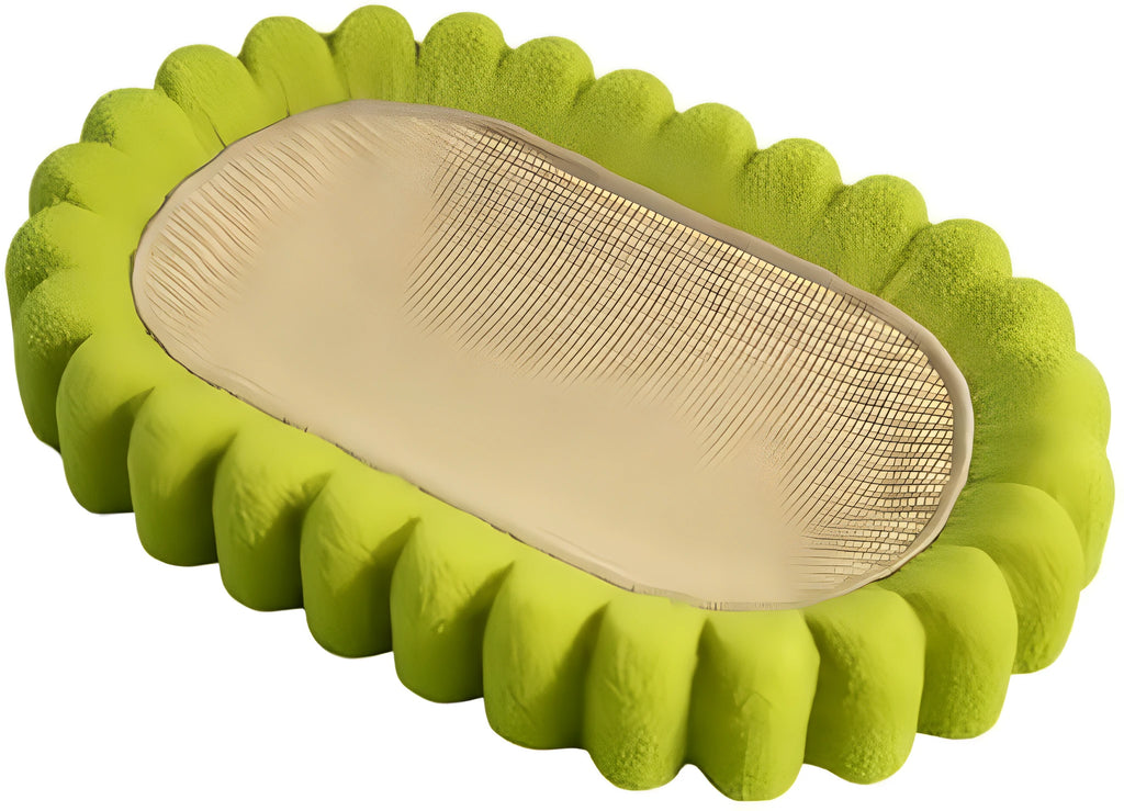 Green oval sisal cat scratching pad serving as a lounging bed, dimensions 650mm by 420mm.