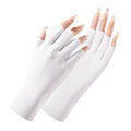 Thin beige women's sunscreen gloves with UPF50+ protection on a hand.