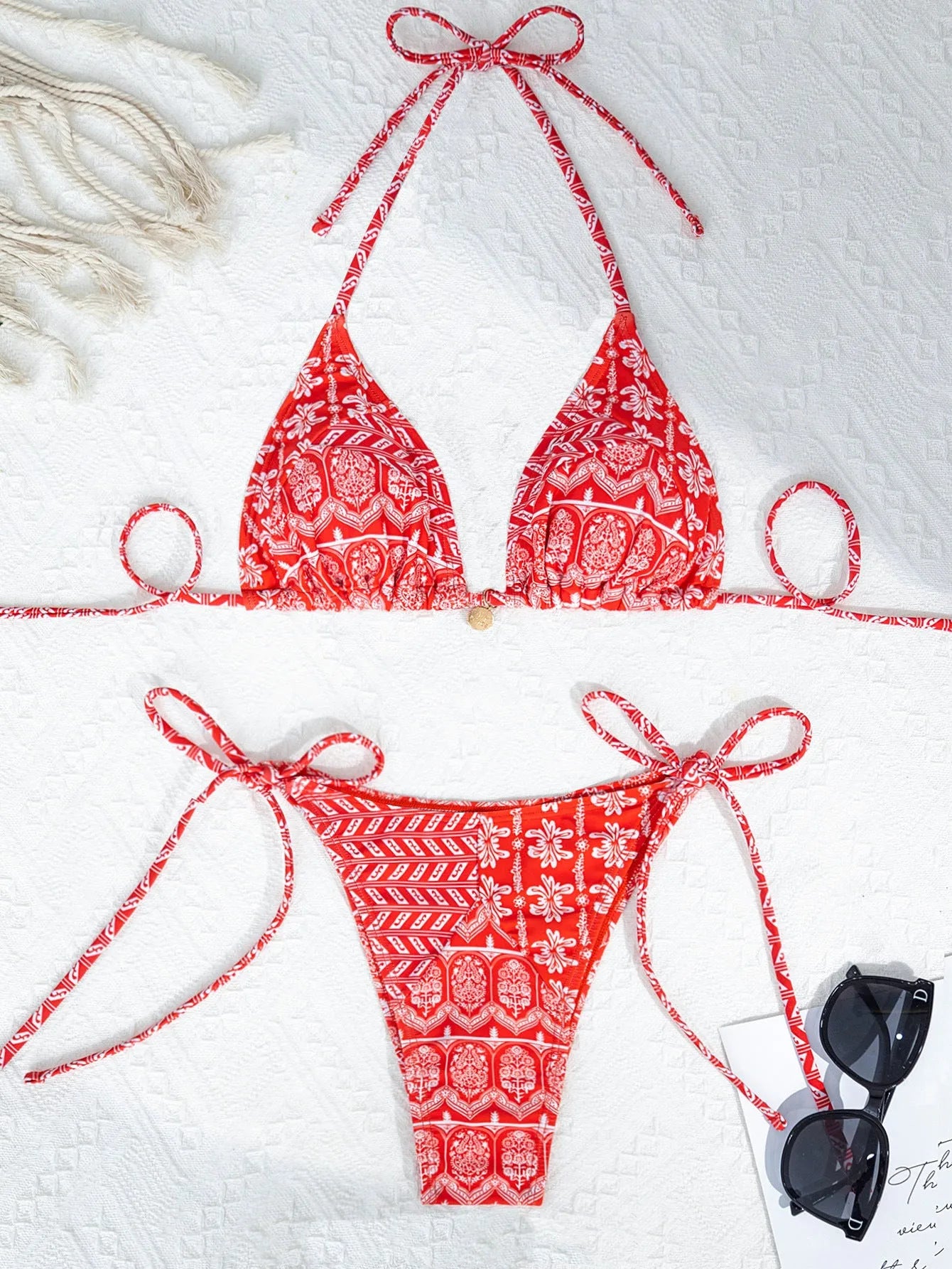 Women's split bandage bikini swimsuit with printed stitching details in various colours