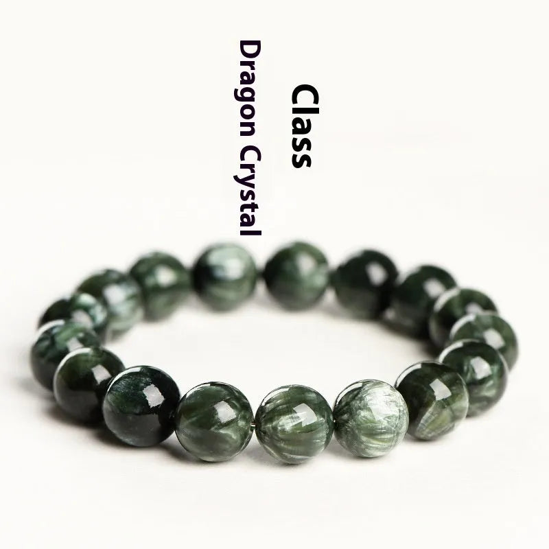 Natural green dragon crystal bracelet with 8-9mm round beads and ruyi geometric design