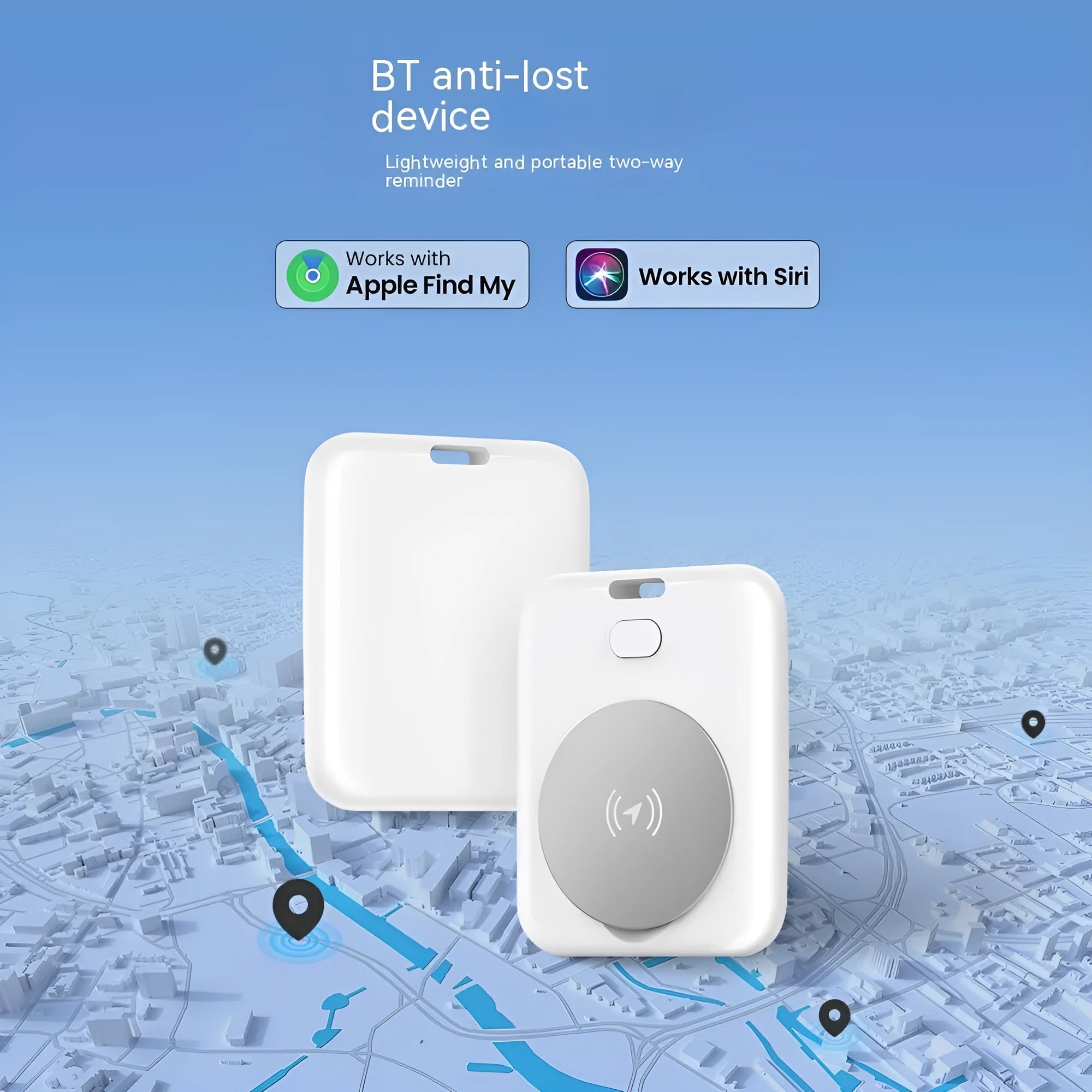 White ABS pet tracking device for Apple users showing lightweight design and portable attachment