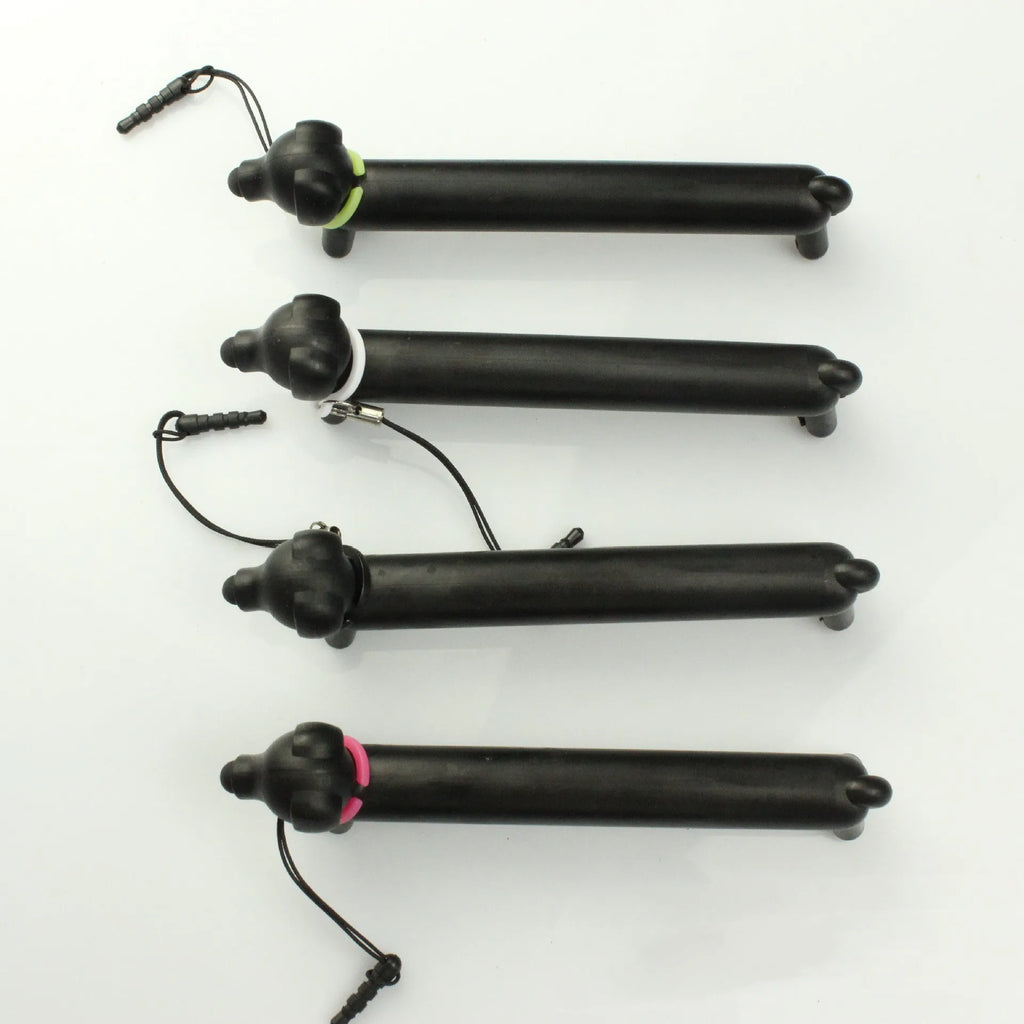 Black dog-shaped touch screen stylus pen showing adjustable length design and phone holder functionality