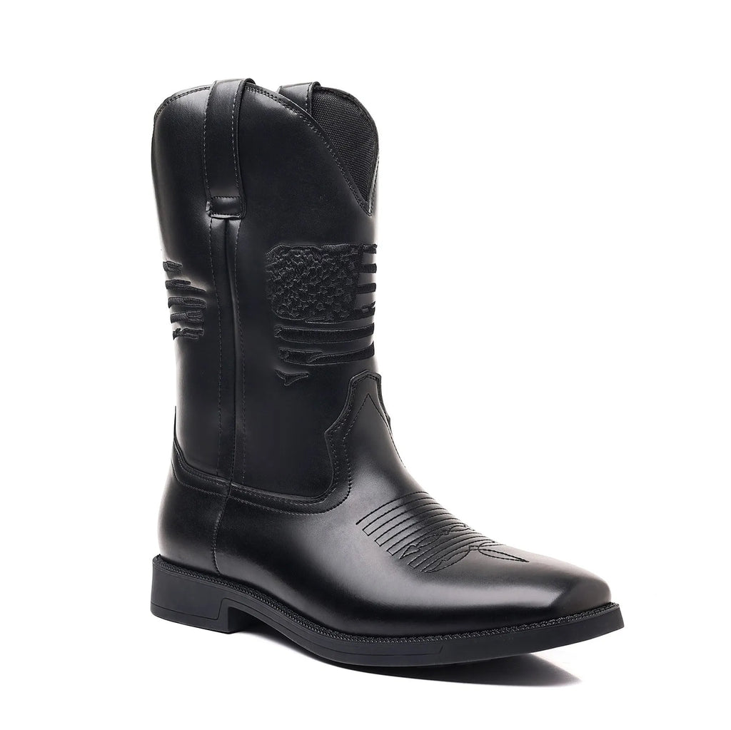 Men's brown retro wide head square toe cowboy boots with high shaft and mesh lining
