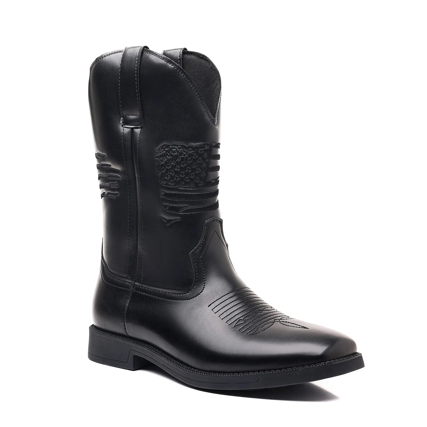 Men's brown retro wide head square toe cowboy boots with high shaft and mesh lining