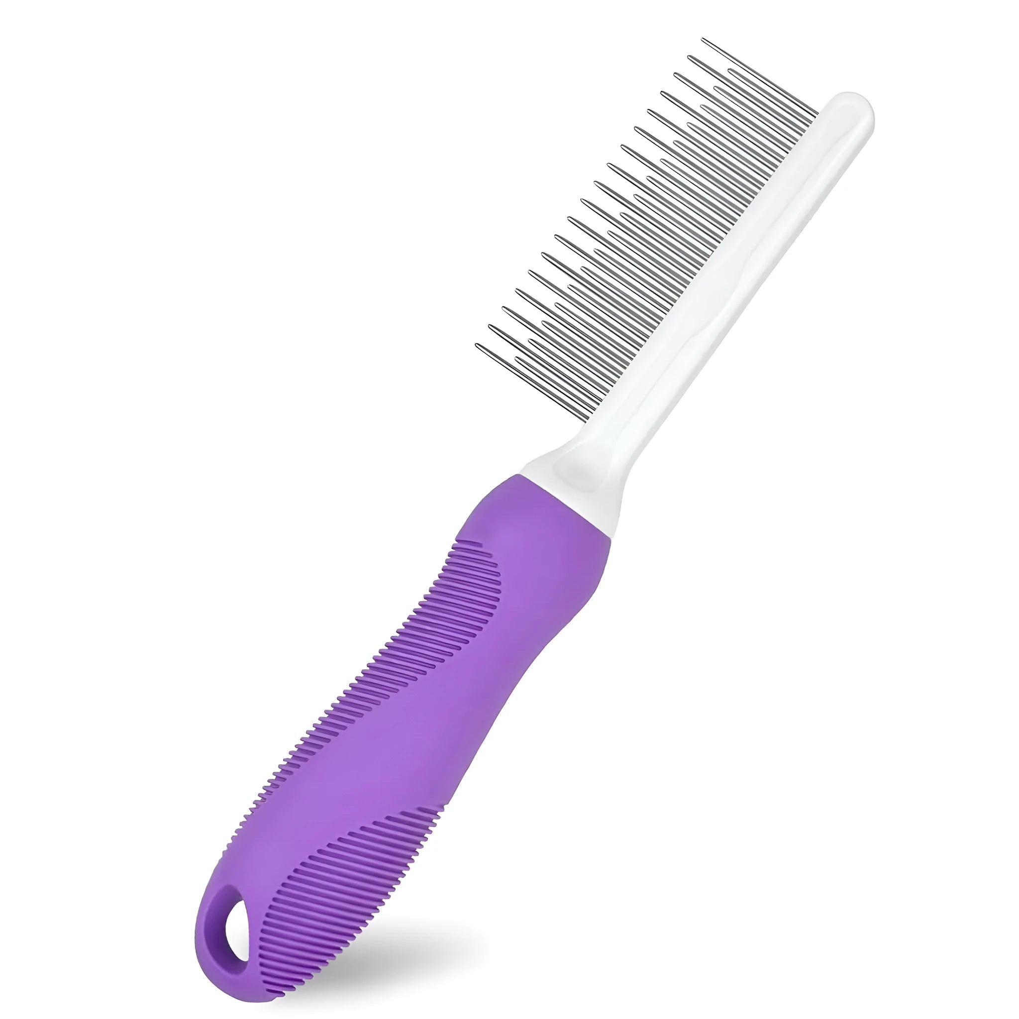 Purple handled pet grooming comb with long and short stainless steel teeth for detangling dog and cat fur.
