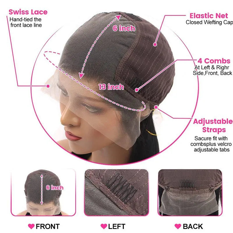 Black straight human hair lace front wig with 13x6 frontal on a mannequin head.
