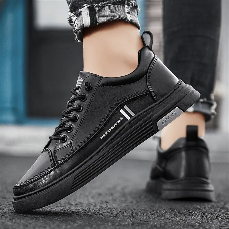 Men's white and black microfiber skate shoes with elastic band and rubber sole