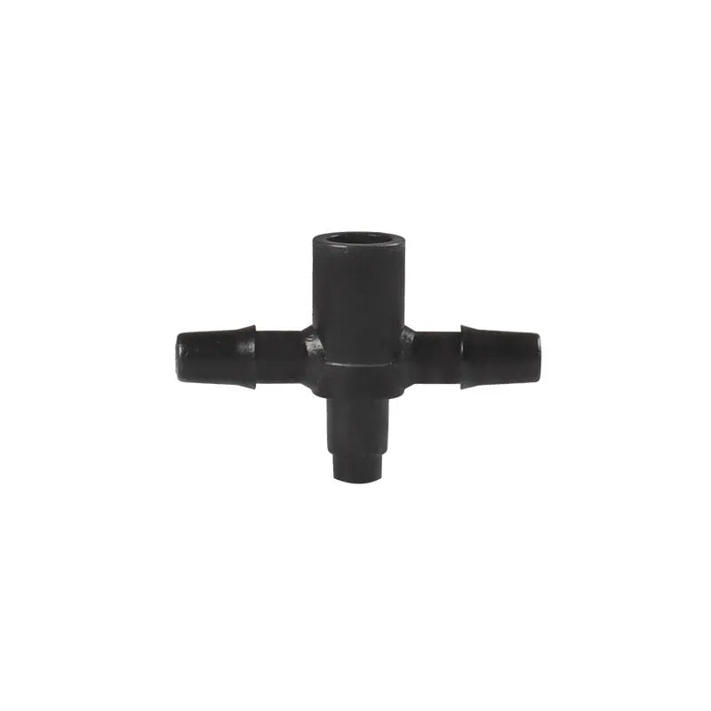 White PE plastic tee water distributor joint for garden micro-spray irrigation systems.