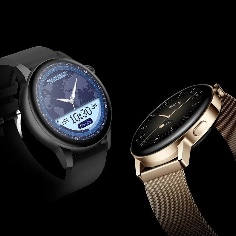 Stainless steel smart watch with a 1.30-inch colour screen in black, pink, or silver.