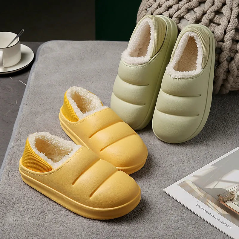 Women's waterproof garden slipper in green with plush lining and a textured non-slip EVA sole.