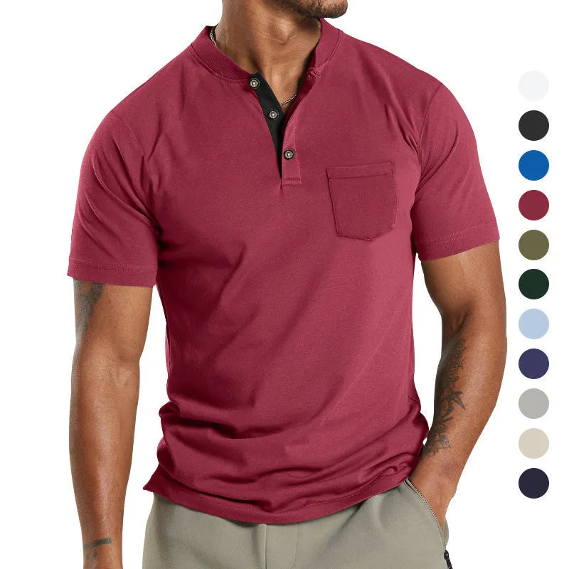 A man wearing a solid-colour plus size short sleeve button-up shirt with a chest pocket.