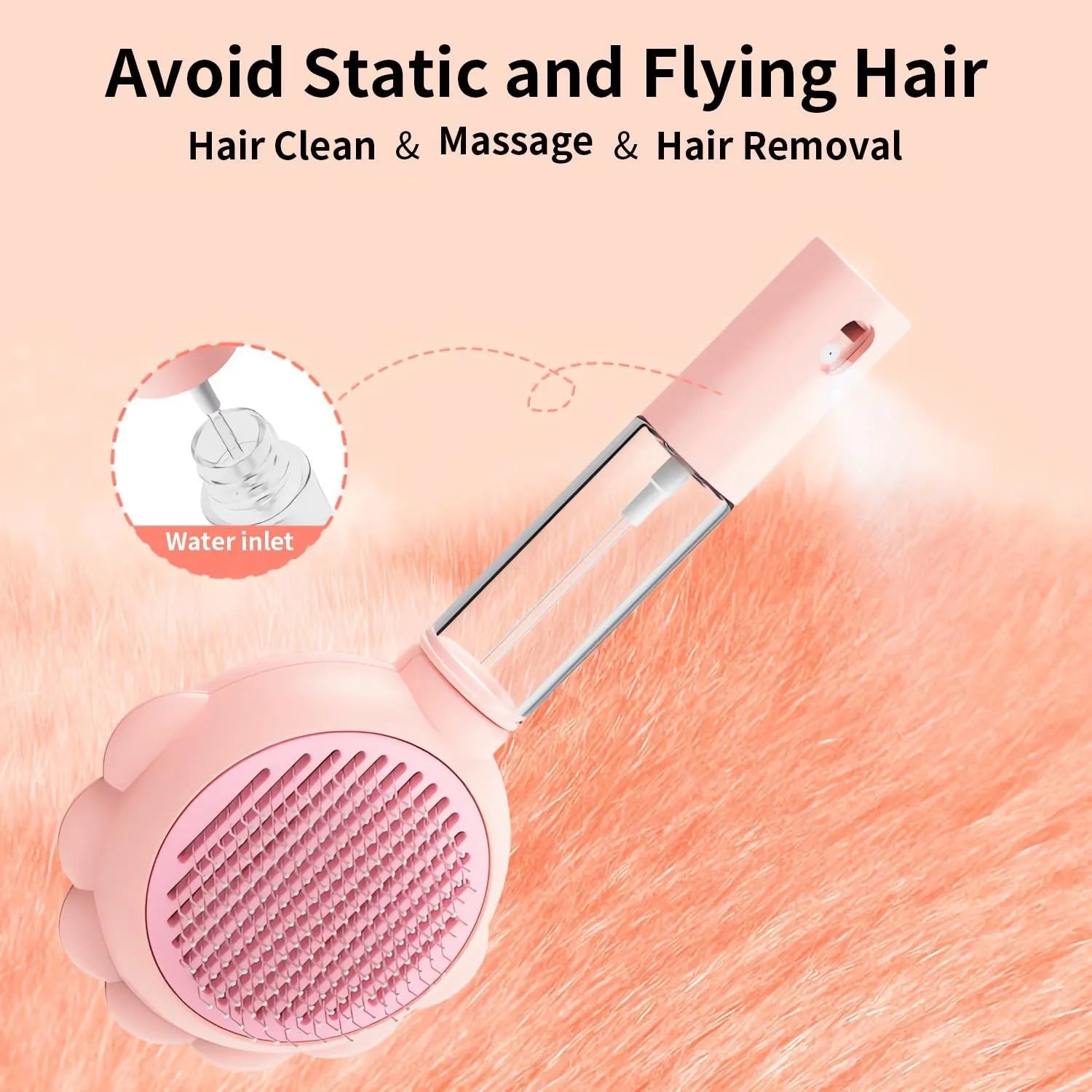 Self-cleaning spray cat grooming brush with stainless steel bristles in grey, green, and pink colour options.