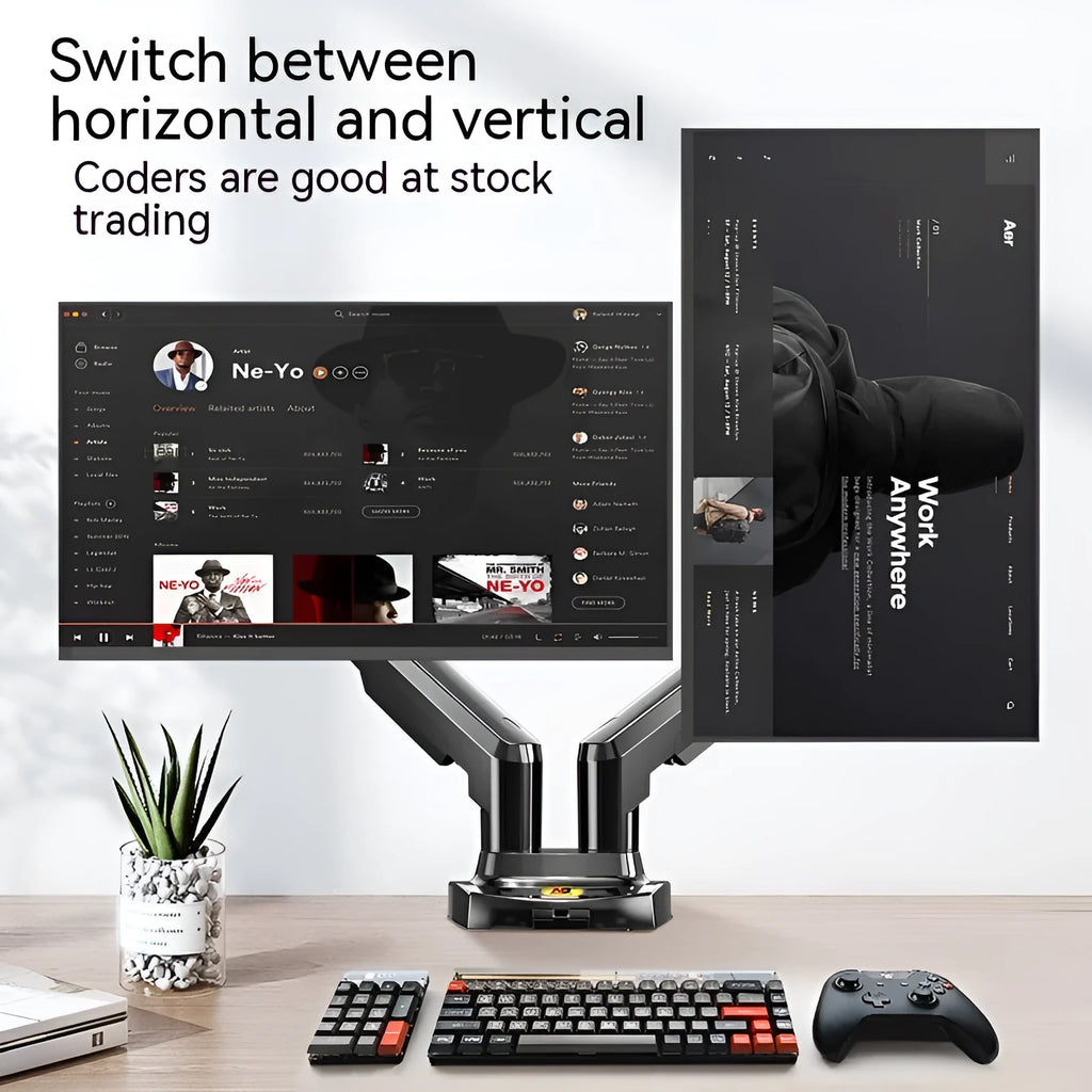 Aluminium and plastic dual screen monitor bracket with lifting mechanism, for VESA 75x75 or 100x100 mm mounts.