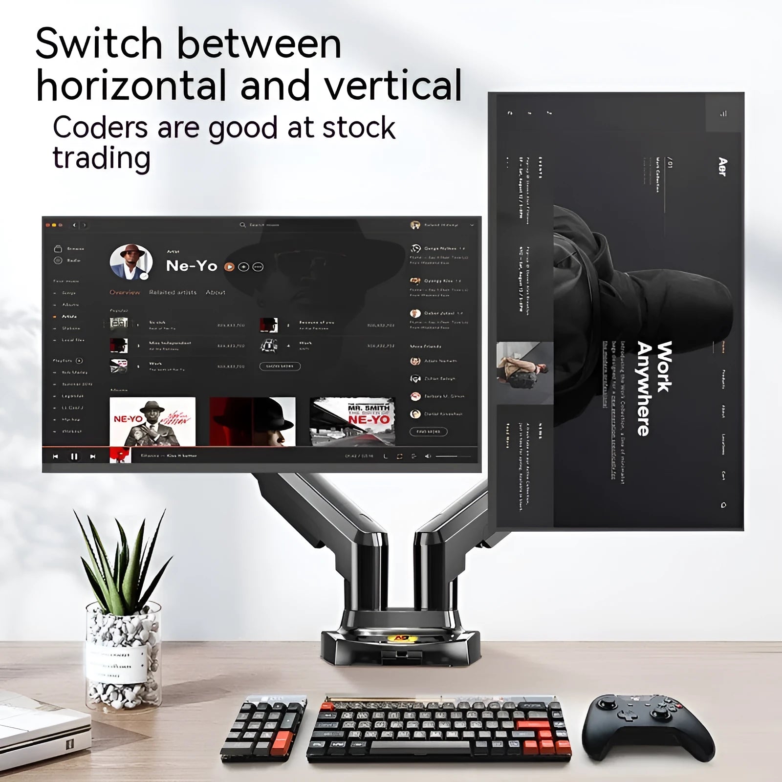 Aluminium and plastic dual screen monitor bracket with lifting mechanism, for VESA 75x75 or 100x100 mm mounts.