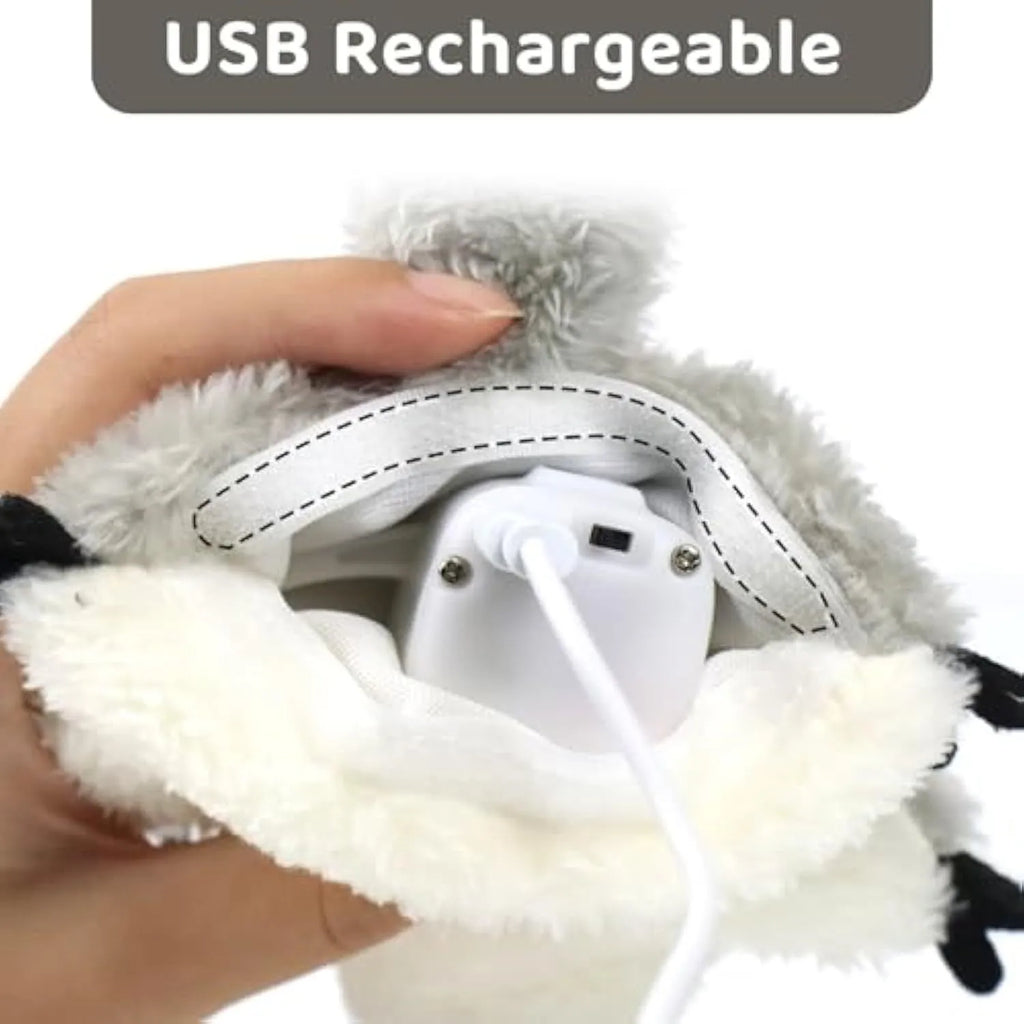Grey flapping squirrel cat toy with waving wings showing touch-activated motion for interactive feline play