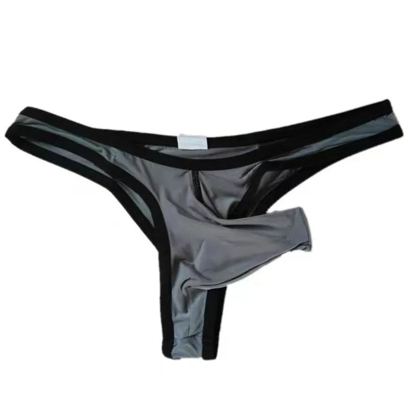 Men's Ice Silk Elephant Nose briefs shown in multiple colours including army green, black, and skin colour.