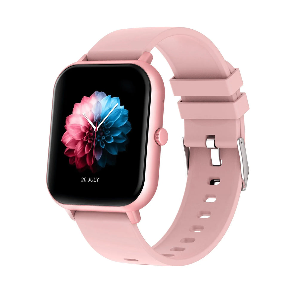 One-Click Link AI Voice Heart Rate Smart Watch in black, silver, pink, and khaki on wrist.