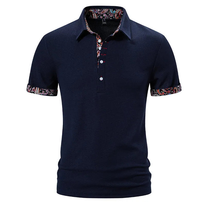 Men's short sleeve polo shirt in cotton blend fabric, showing turnover collar, available in white, black, and navy blue.