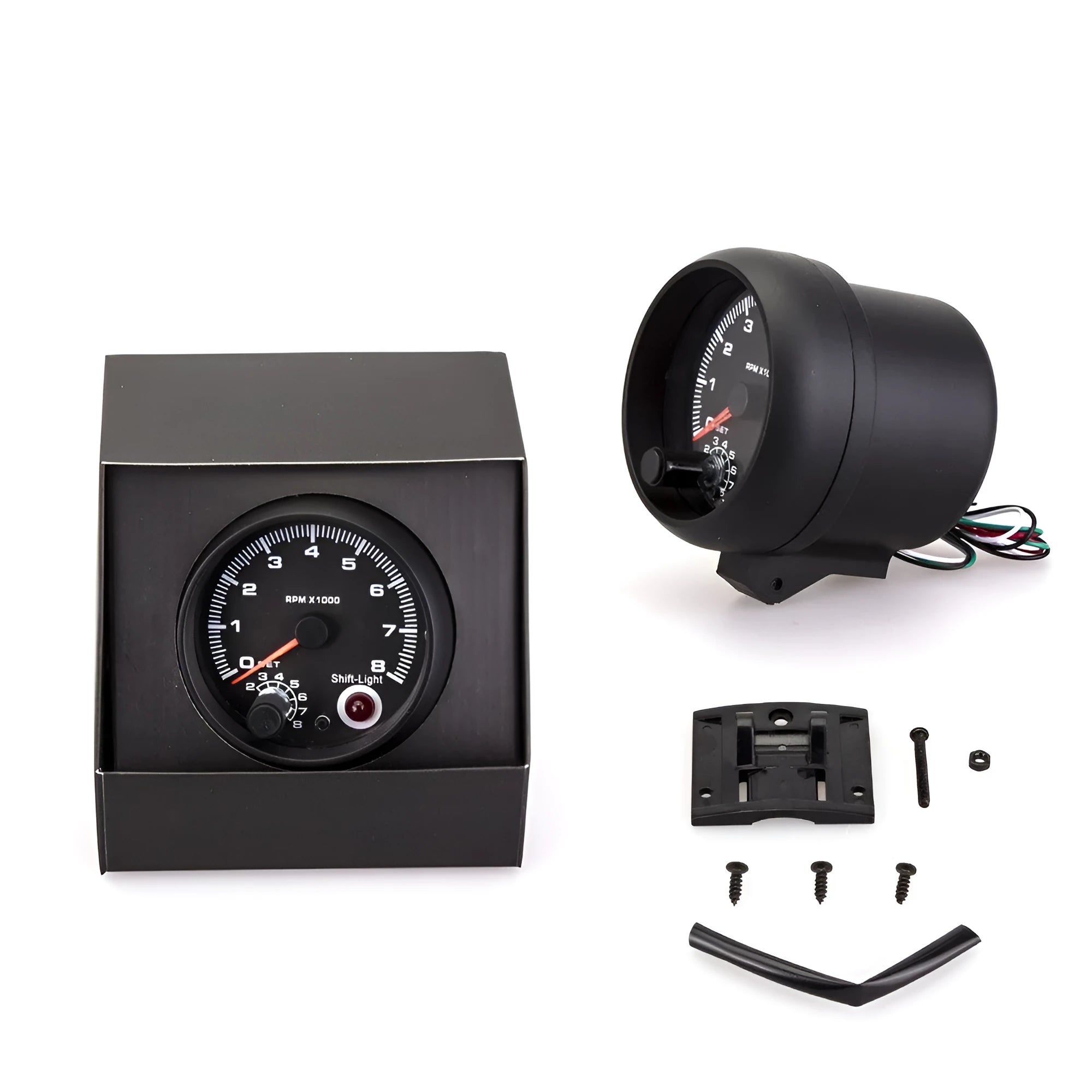 Black automotive tachometer with blue light pointer display showing RPM measurement scale