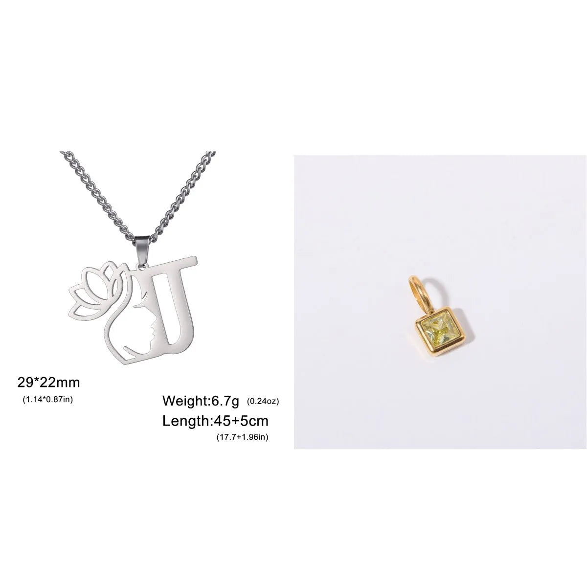 Stainless steel necklace with cross chain and a single letter pendant in gold or silver finish.