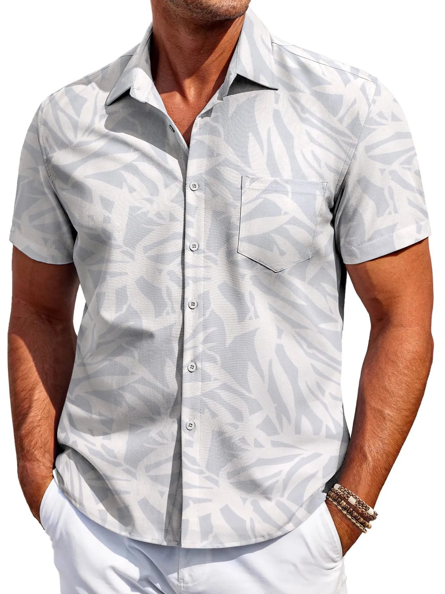 Man wearing a slim fit short sleeve Hawaiian print cardigan shirt in a solid colour.