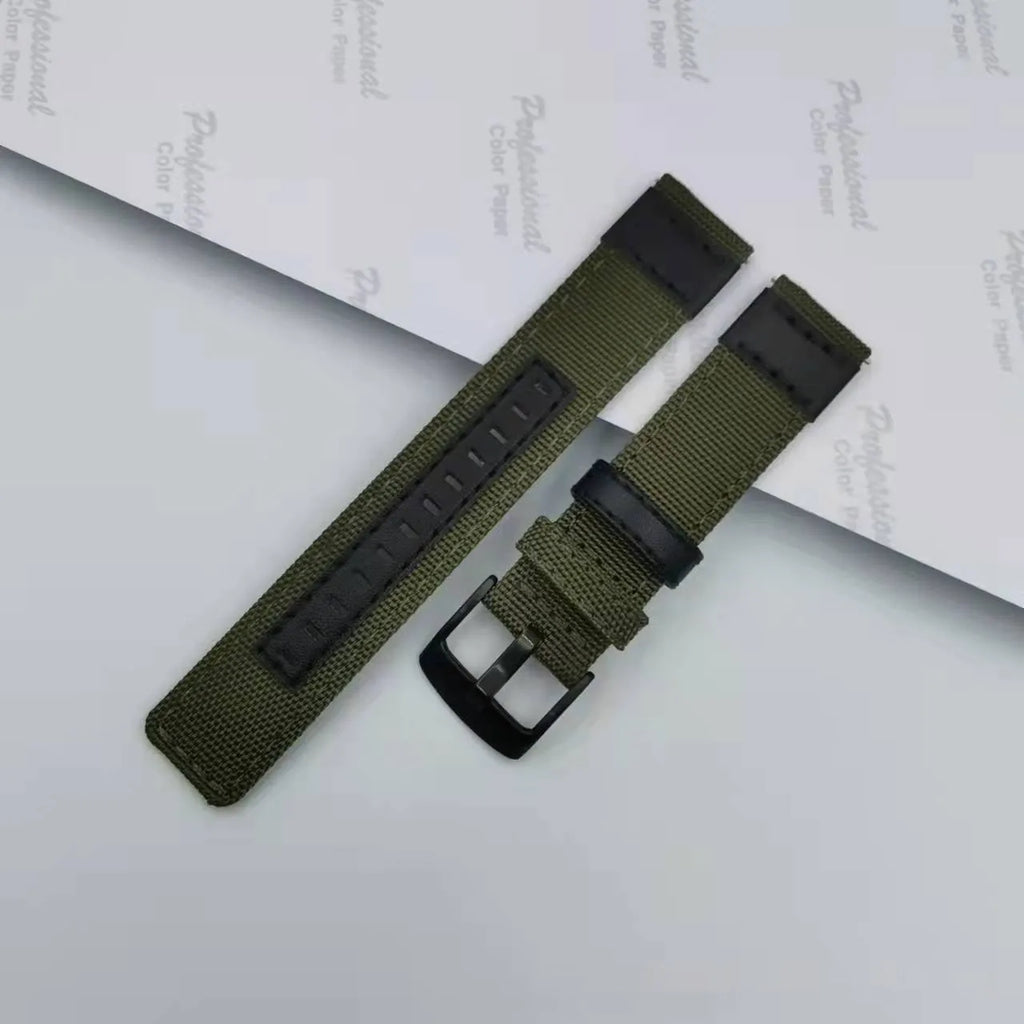 Oxford cloth watch strap shown in multiple colours including camouflage, army green, and black, with size options for 20mm, 22mm, and 24mm widths.